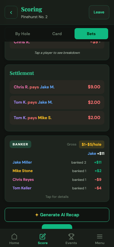 Banker standings in the Bets tab
