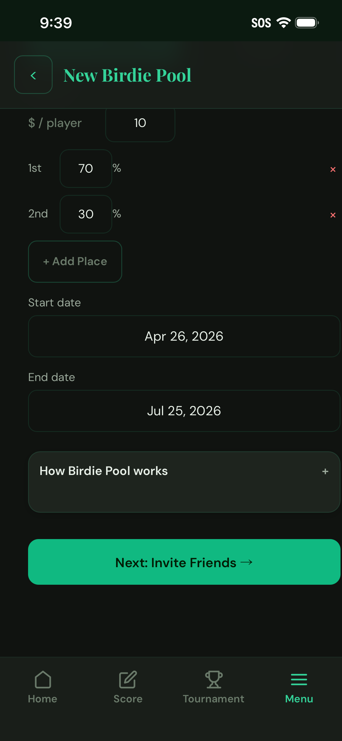 Birdie Pool create form with payout splits and start/end dates