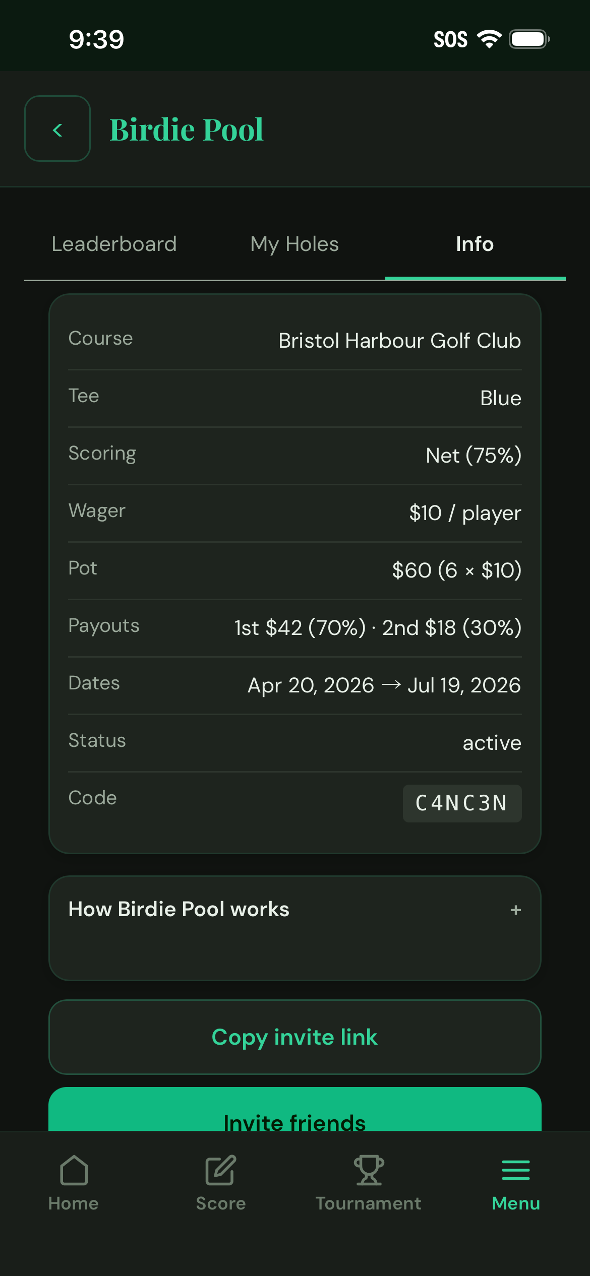 Birdie Pool Info tab with the pool share code and settings