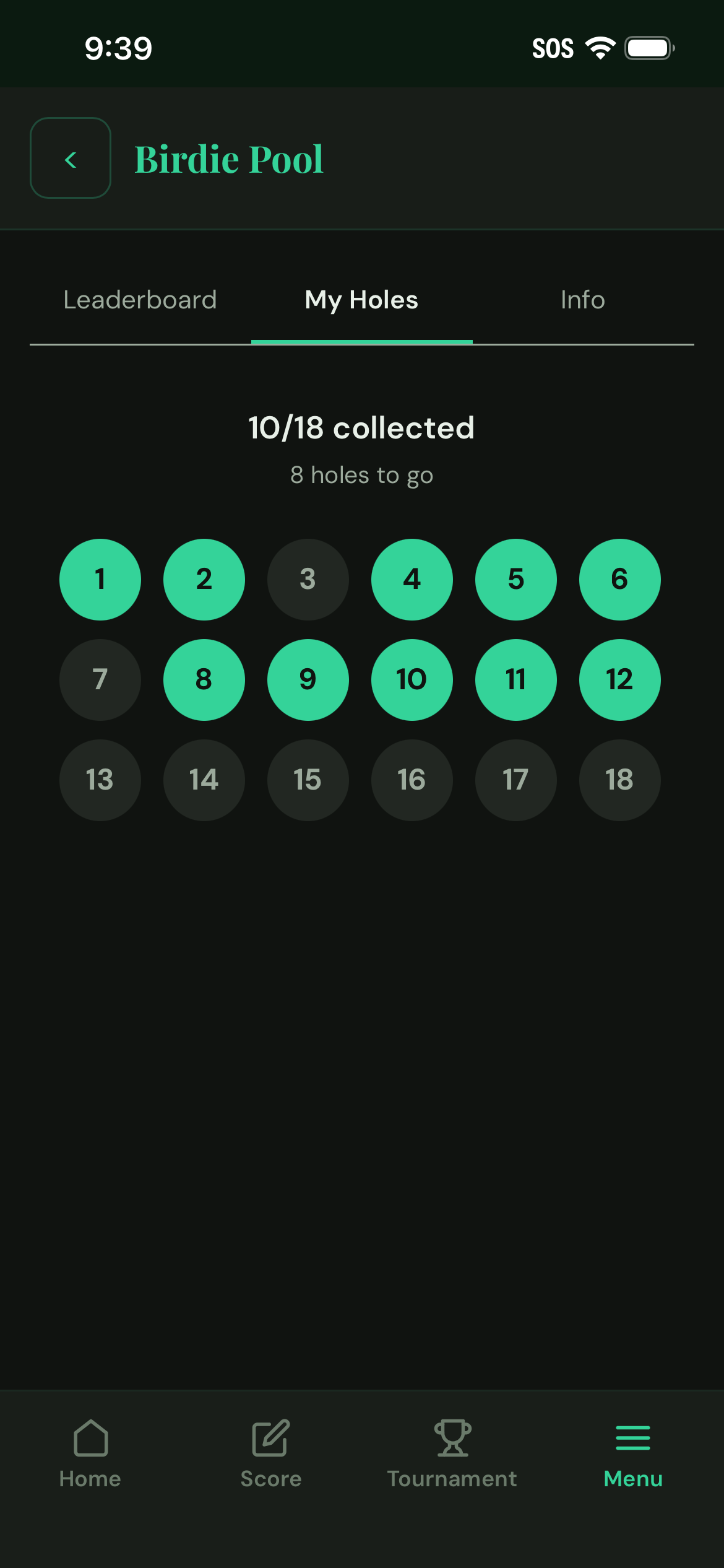 Birdie Pool My Holes tab used to track claimed holes after rounds