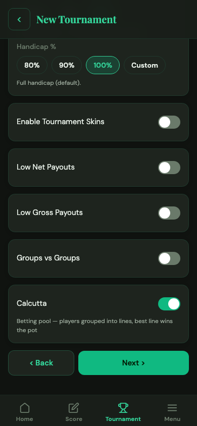 Tournament games step with Calcutta toggle