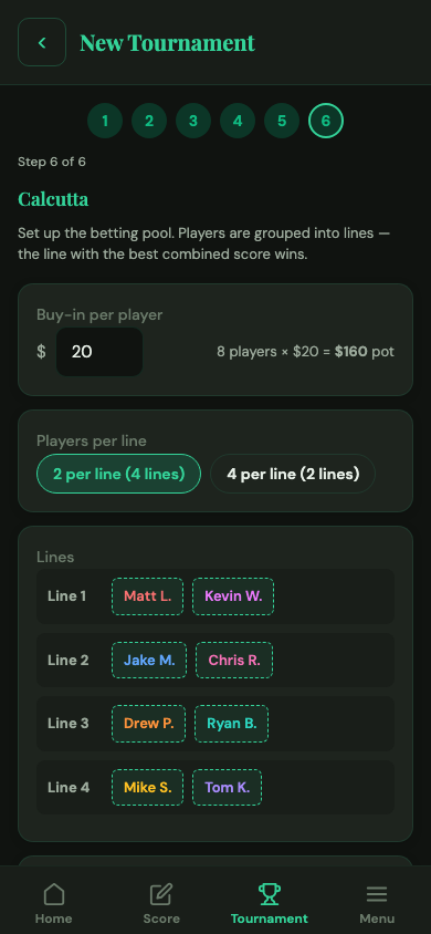 Calcutta lines grid showing player assignments