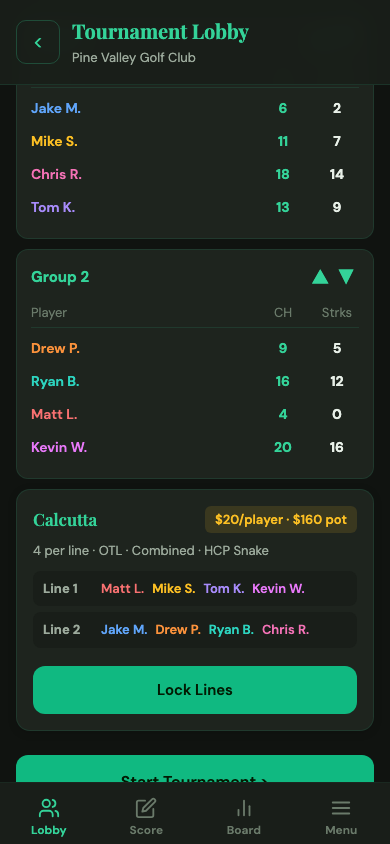 Tournament lobby with Lock Lines button