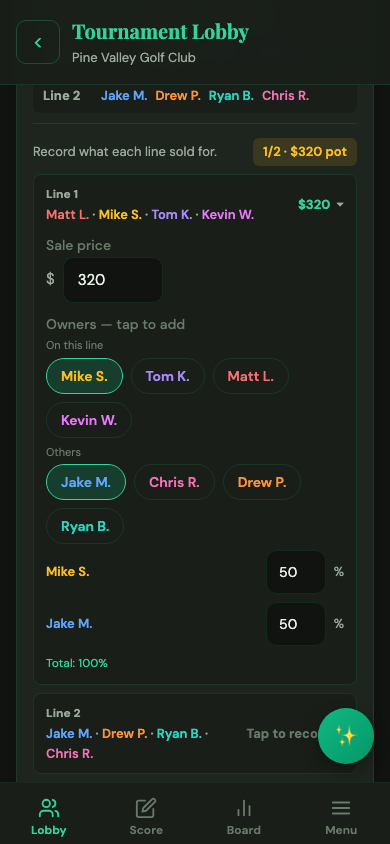 Recording Calcutta auction sale prices and owners in the tournament lobby