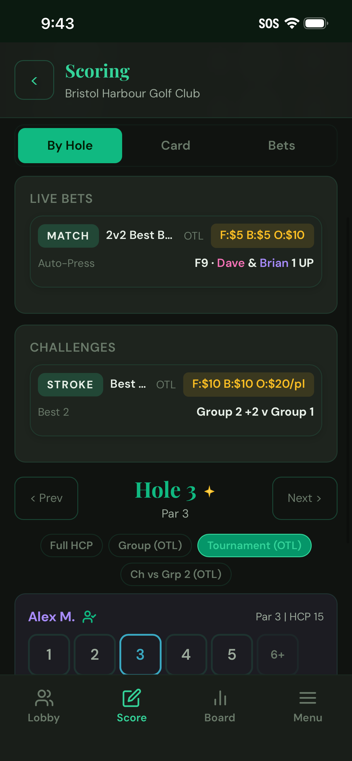 Live Bets view where cross-group challenges appear during tournament scoring