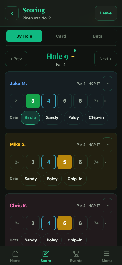 A birdie scores itself; tap the other dots under each player