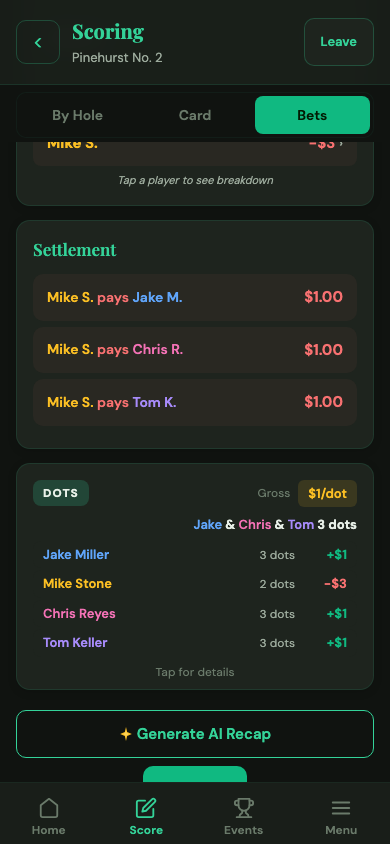 Dots and money for each player in the Bets tab