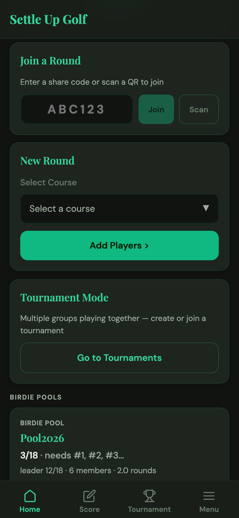 Home screen with the New Round section visible