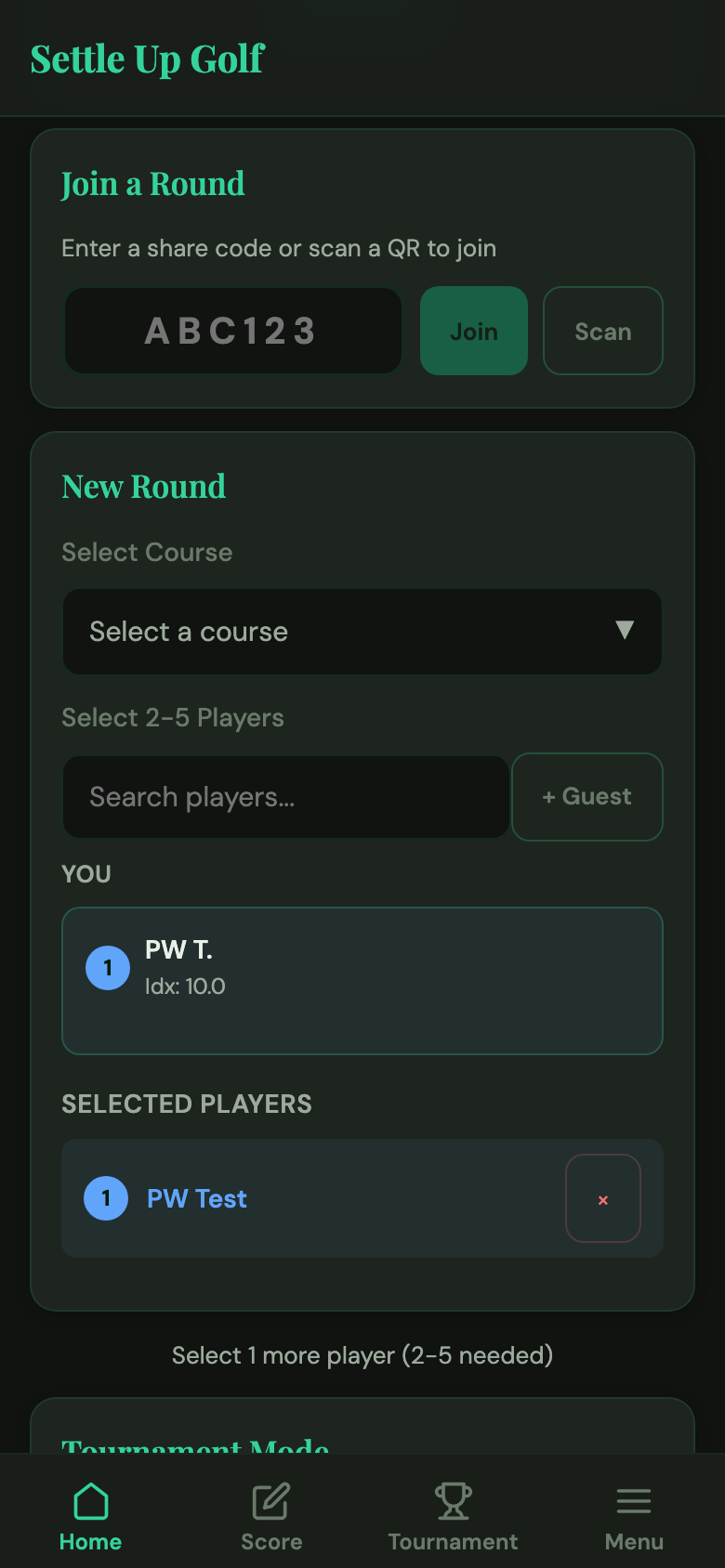 Plus Guest button next to the player search field