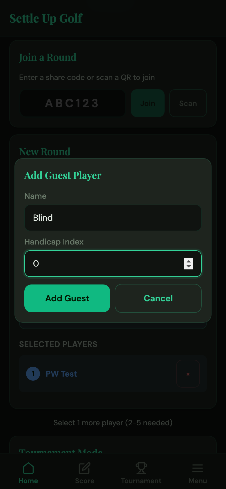 Add Guest Player modal with Name and Handicap Index fields