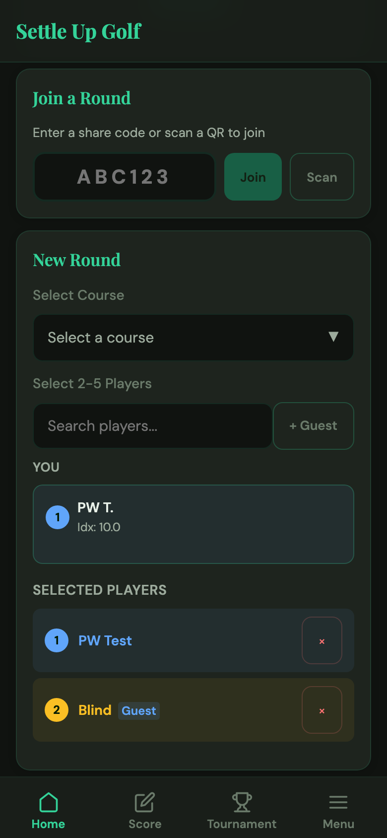 Selected Players list showing a Blind guest