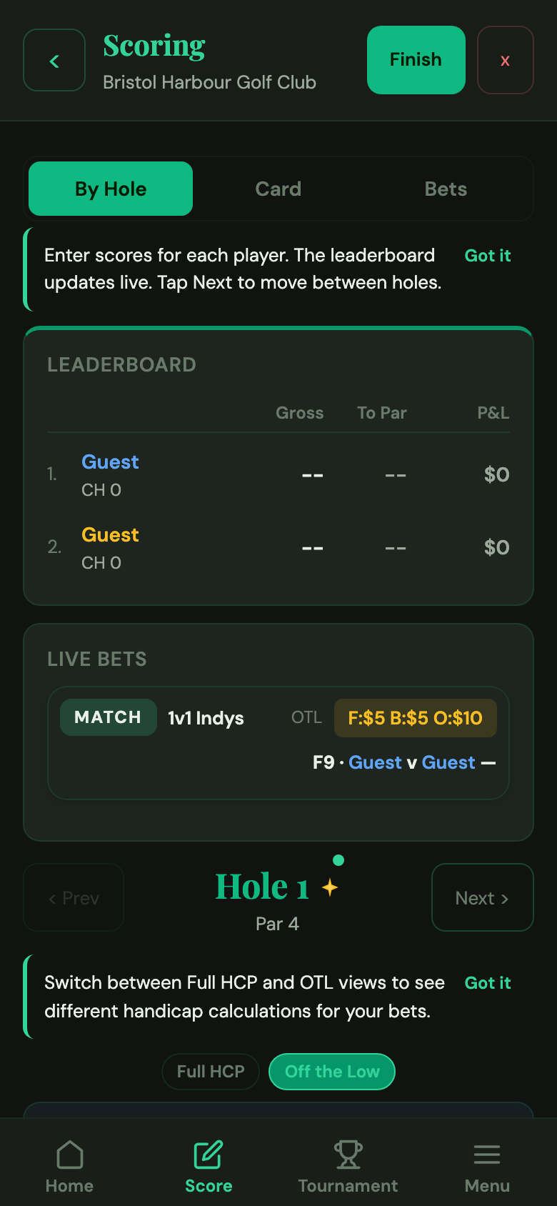Scoring screen in Settle Up Golf showing a Blind guest player with par on every hole