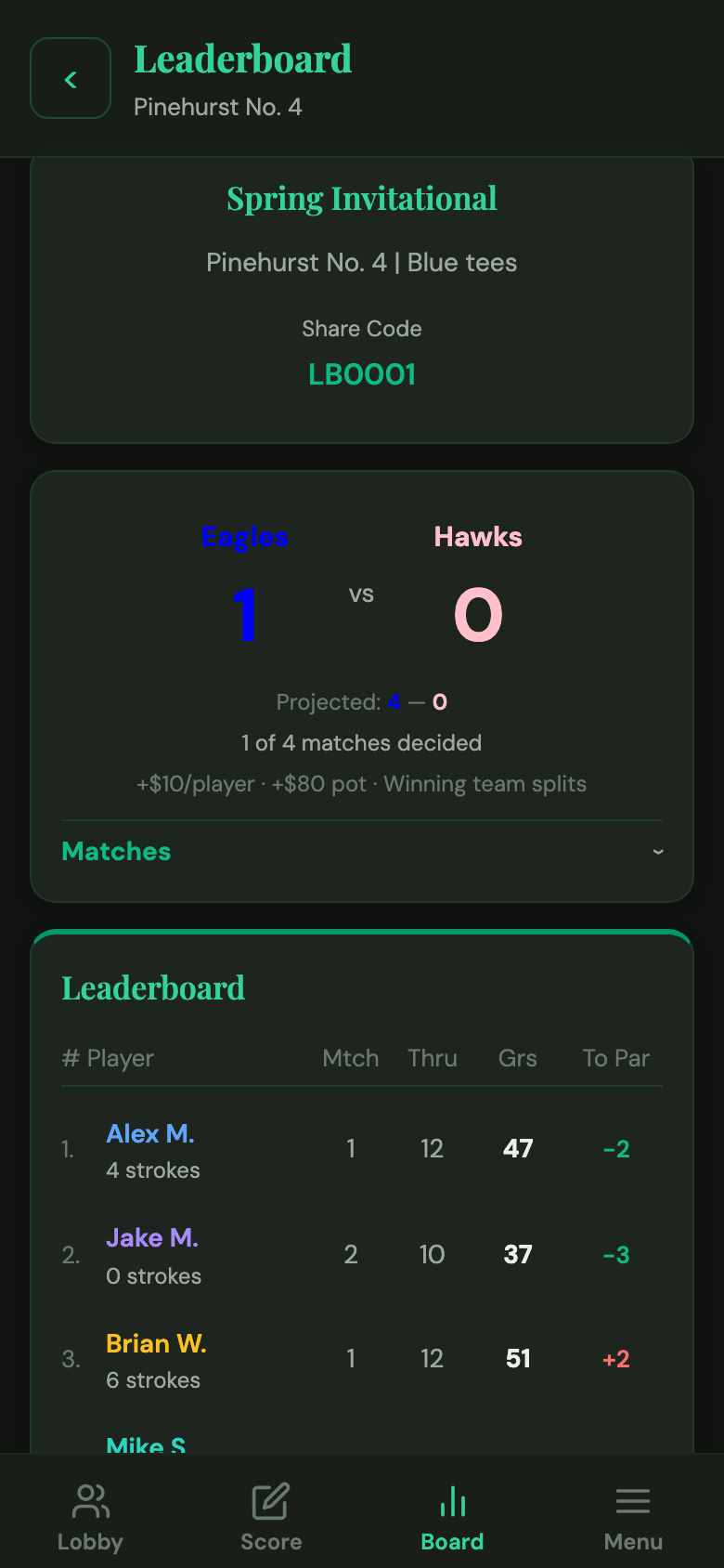 Team v. Team standings with match results