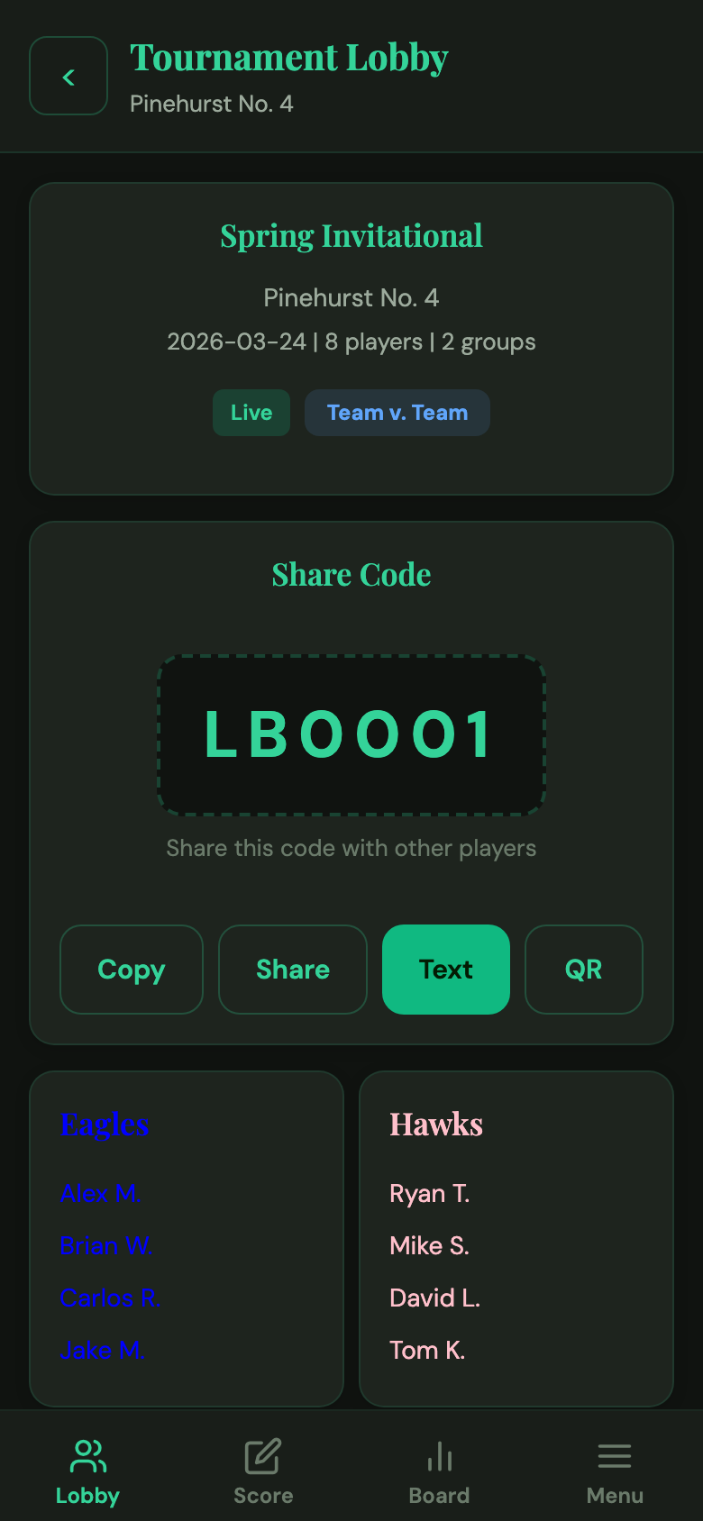 Tournament lobby with share code