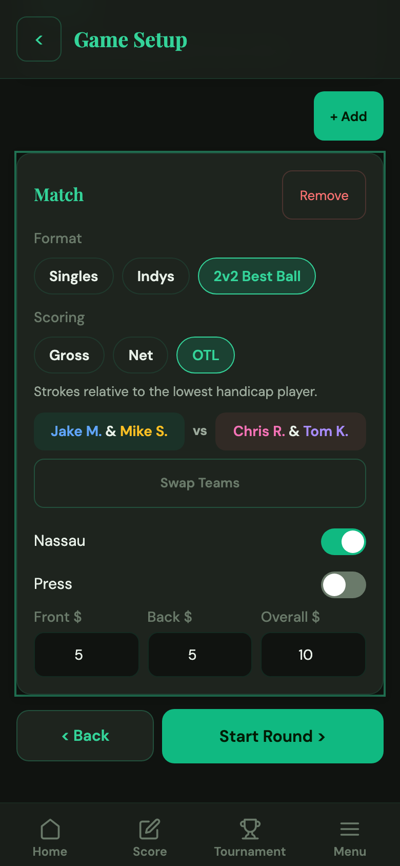 Round setup with Match Play selected