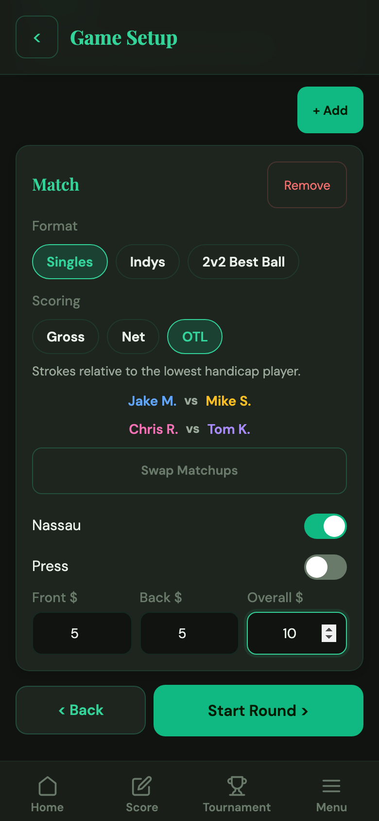 Match Play configuration with matchup pairings and wagers