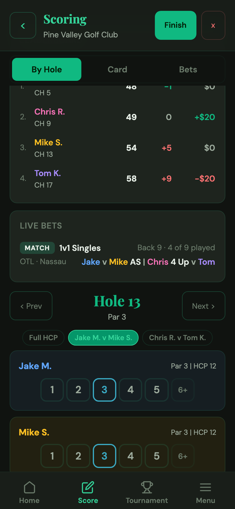 Live scoring showing match play status