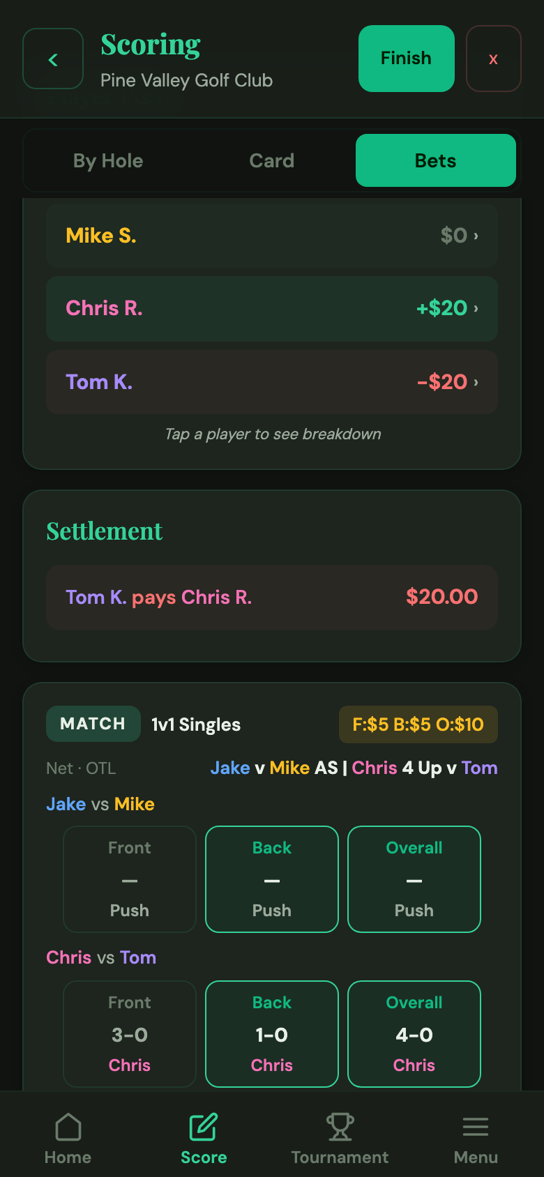 Bets View showing match status — 2 UP, 1 DN, ALL SQUARE