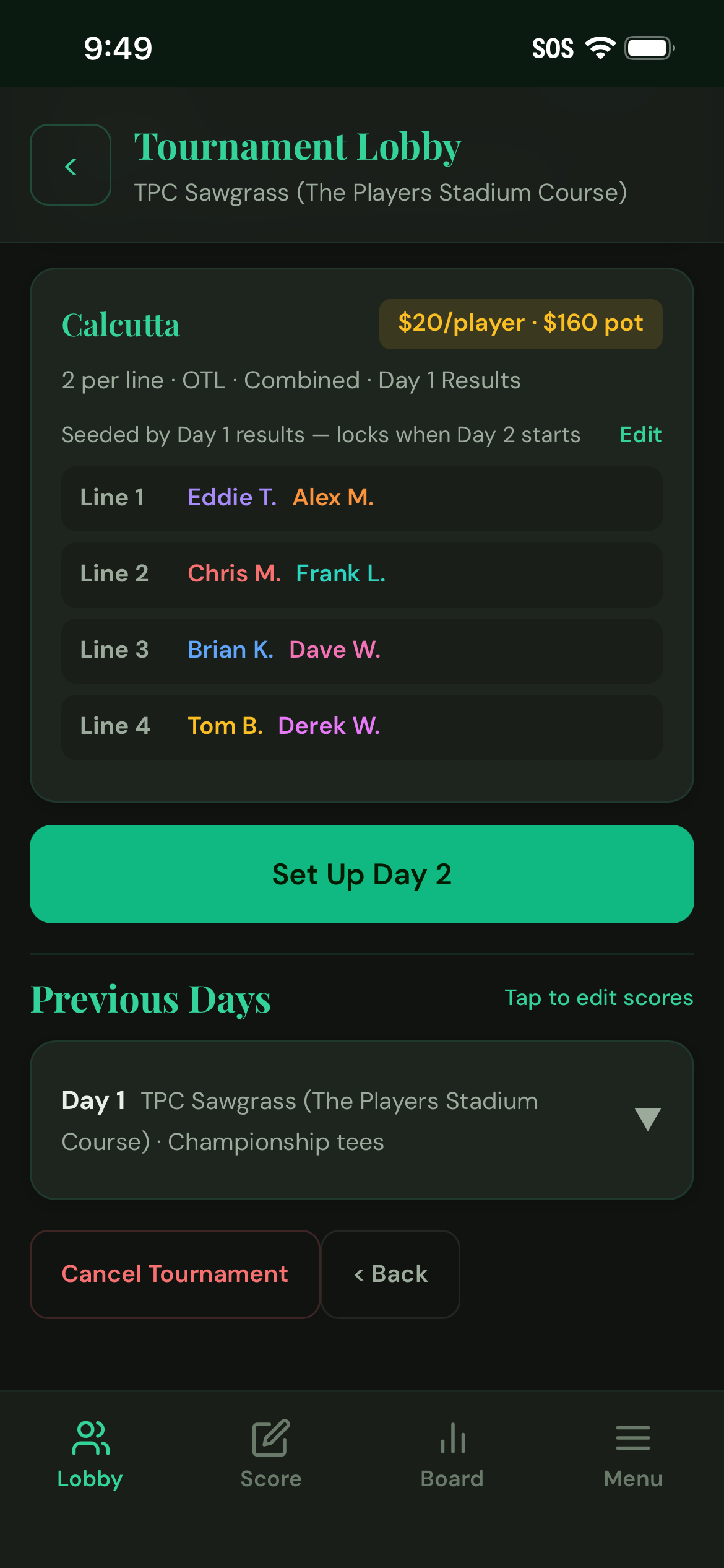 Multi-day tournament lobby with day-level games and locked lines