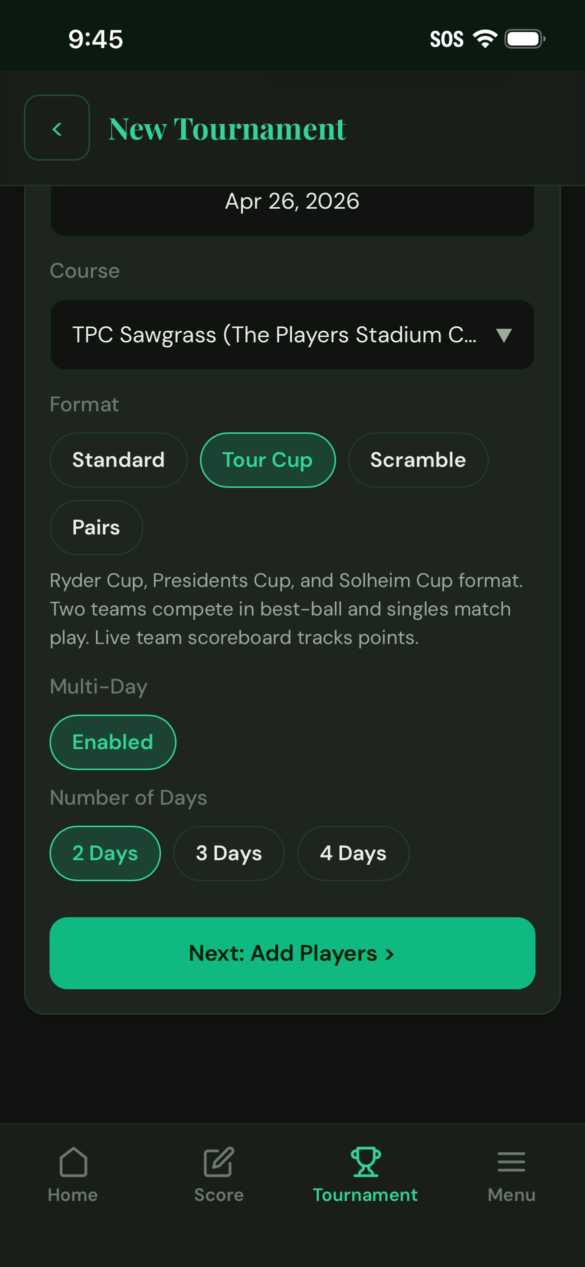 Tournament setup with Multi-Day enabled and 2/3/4 day picker