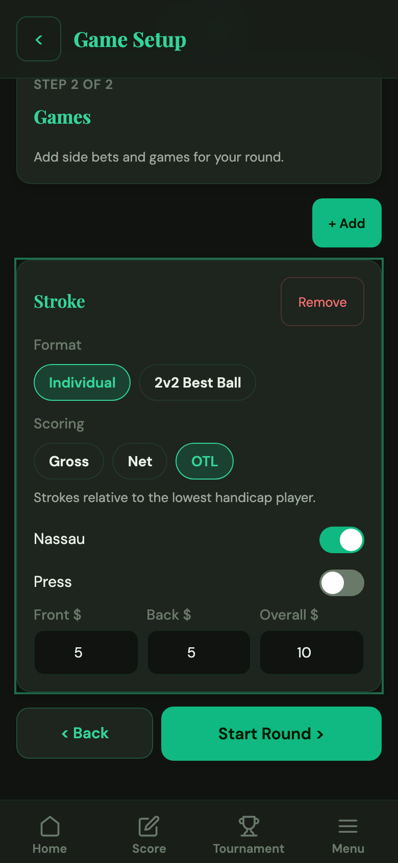 Round setup with Nassau game card