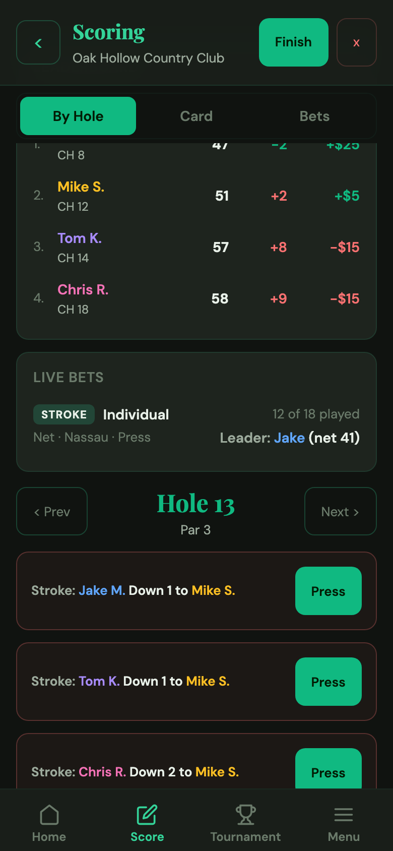 Live scoring with Nassau active