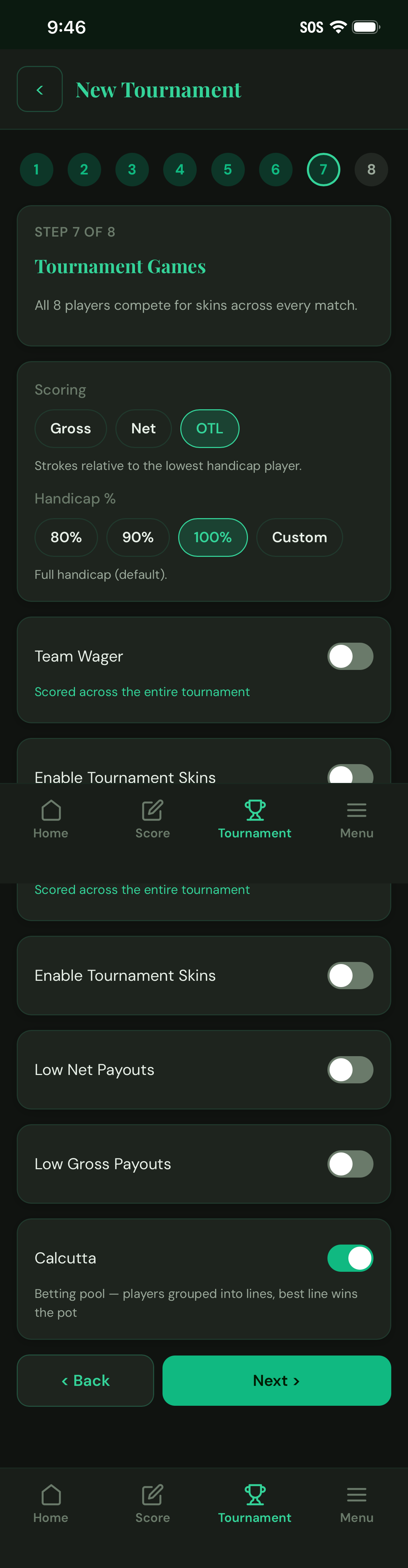 Tournament setup screen for choosing games for a pairs event
