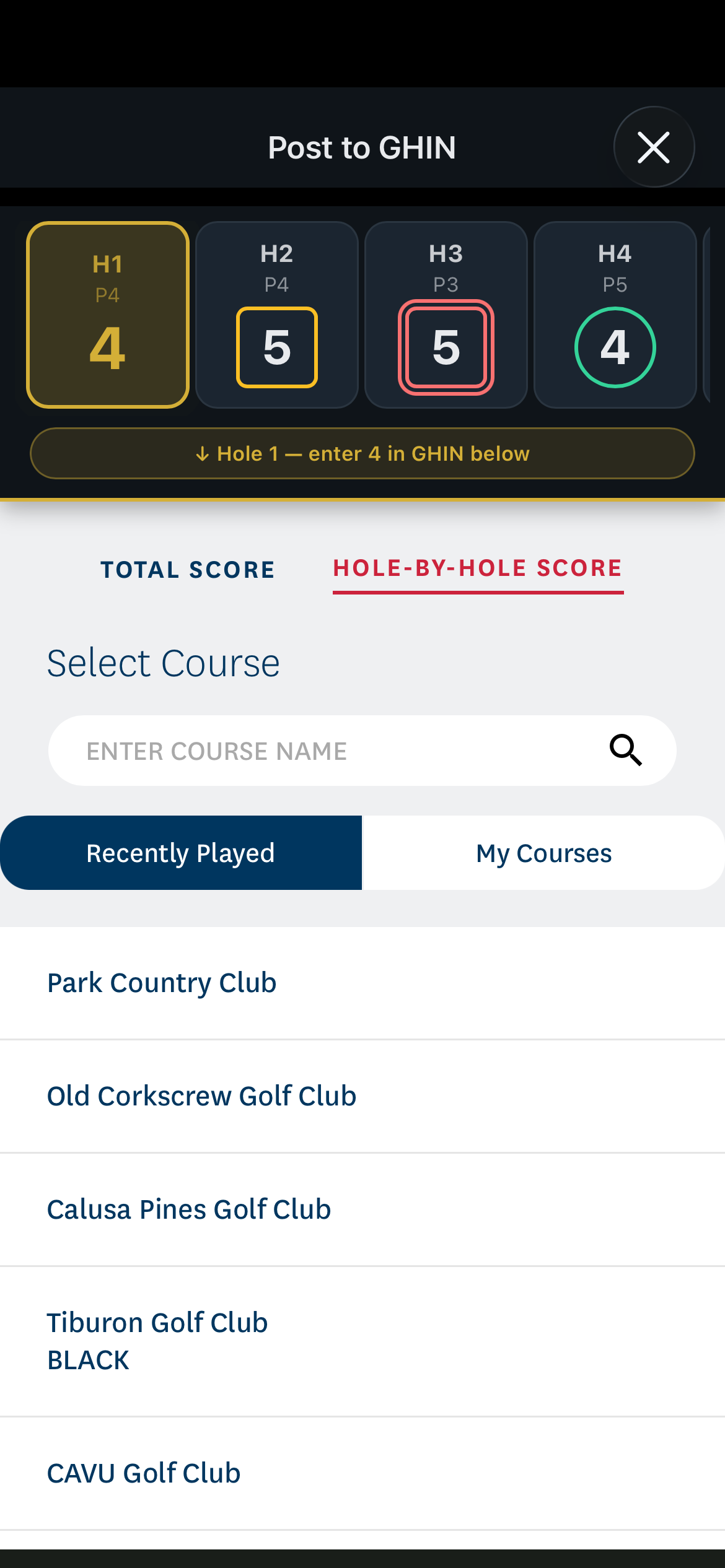 Picker for Hole-by-Hole vs Total Score posting modes