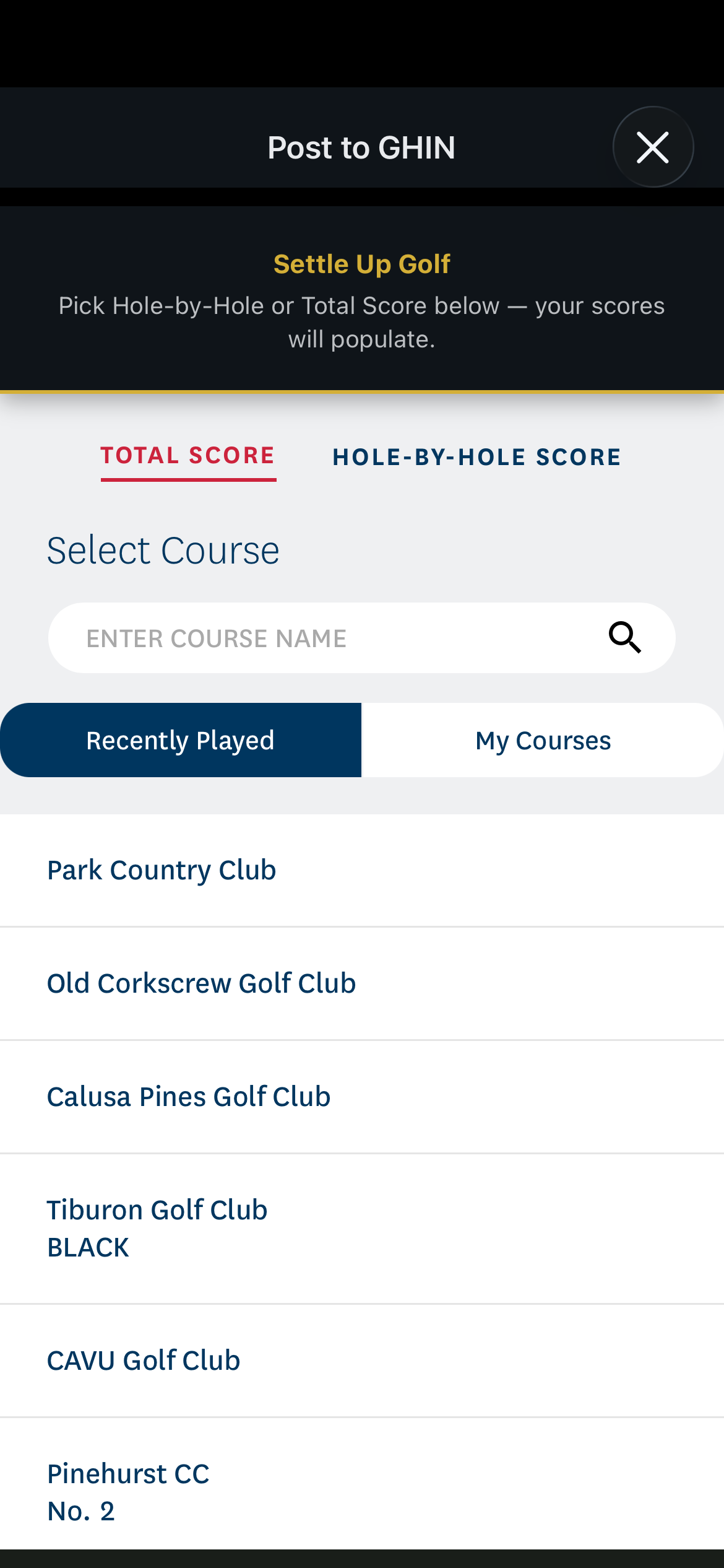 GHIN sign-in page inside the Settle Up in-app browser