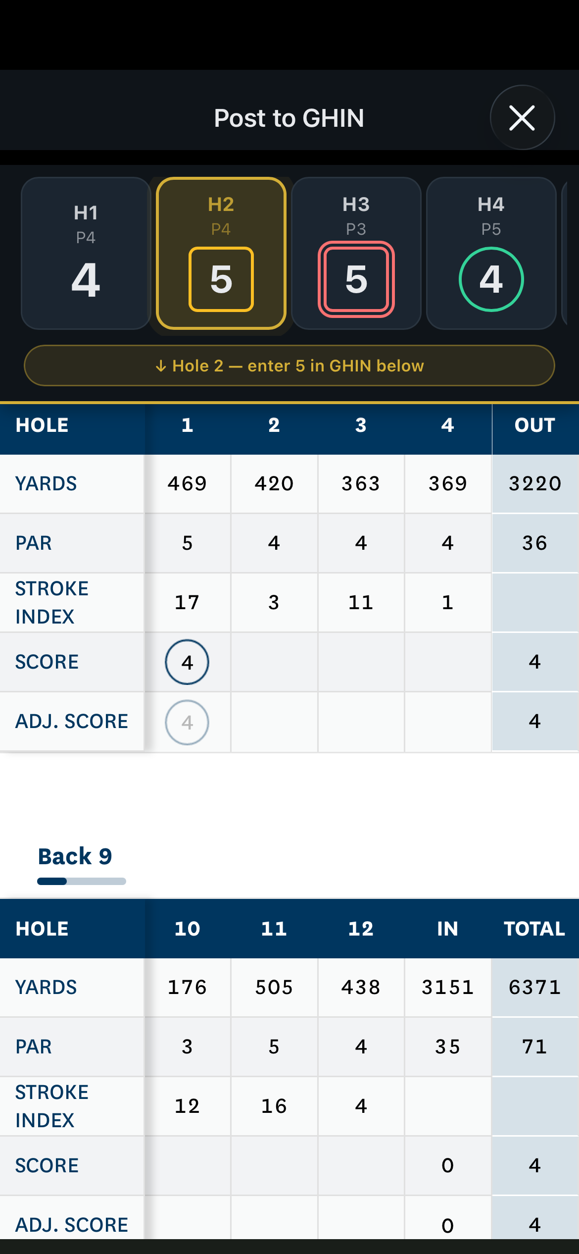 Settle Up Golf scorecard banner pinned over GHIN's posting form, with hole-by-hole scores ready to enter