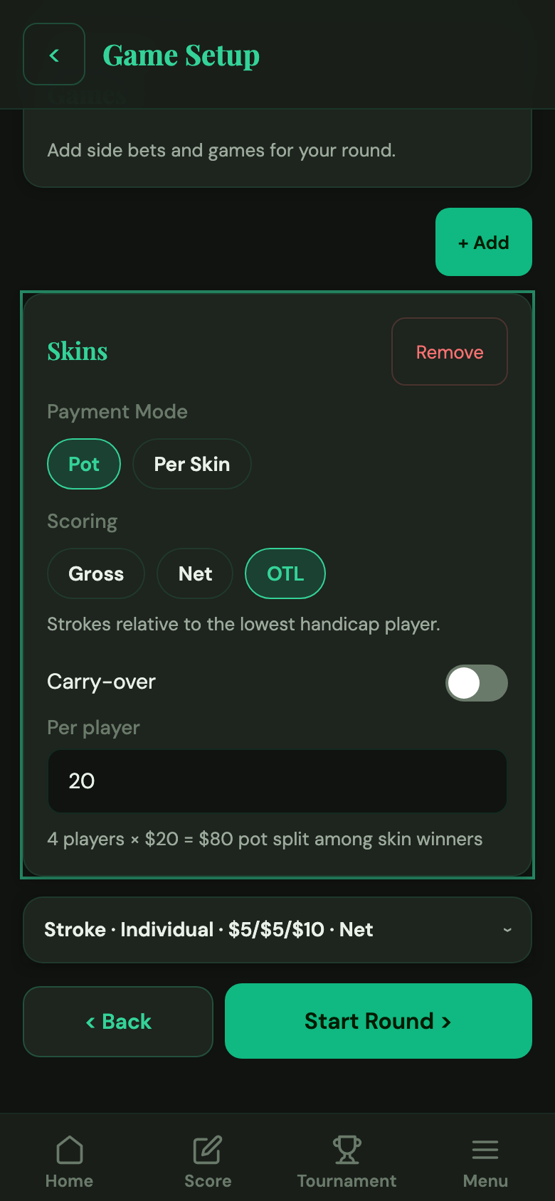 Round setup screen