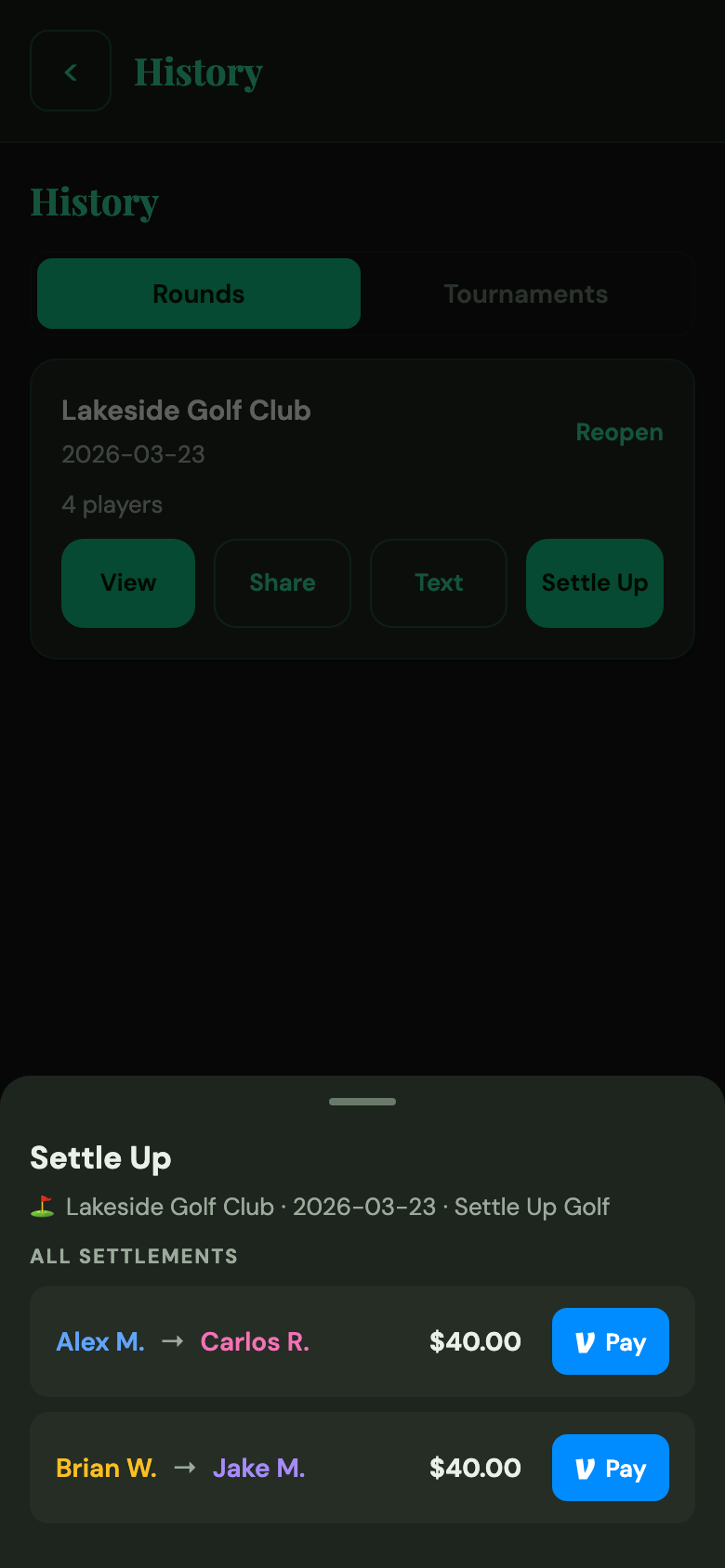 Settle Up sheet with Venmo buttons