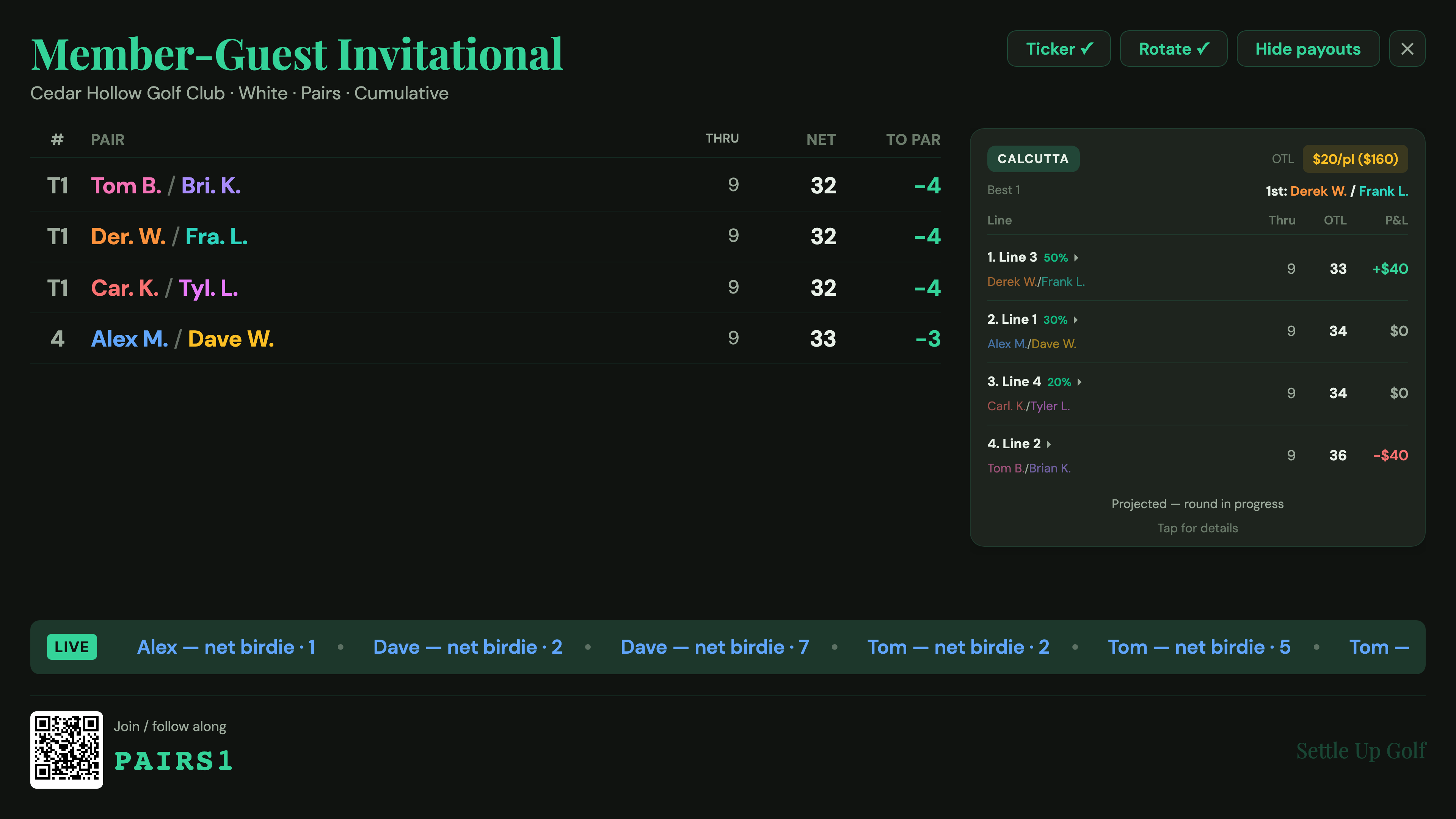 TV leaderboard showing pair best-ball standings for a member-guest tournament