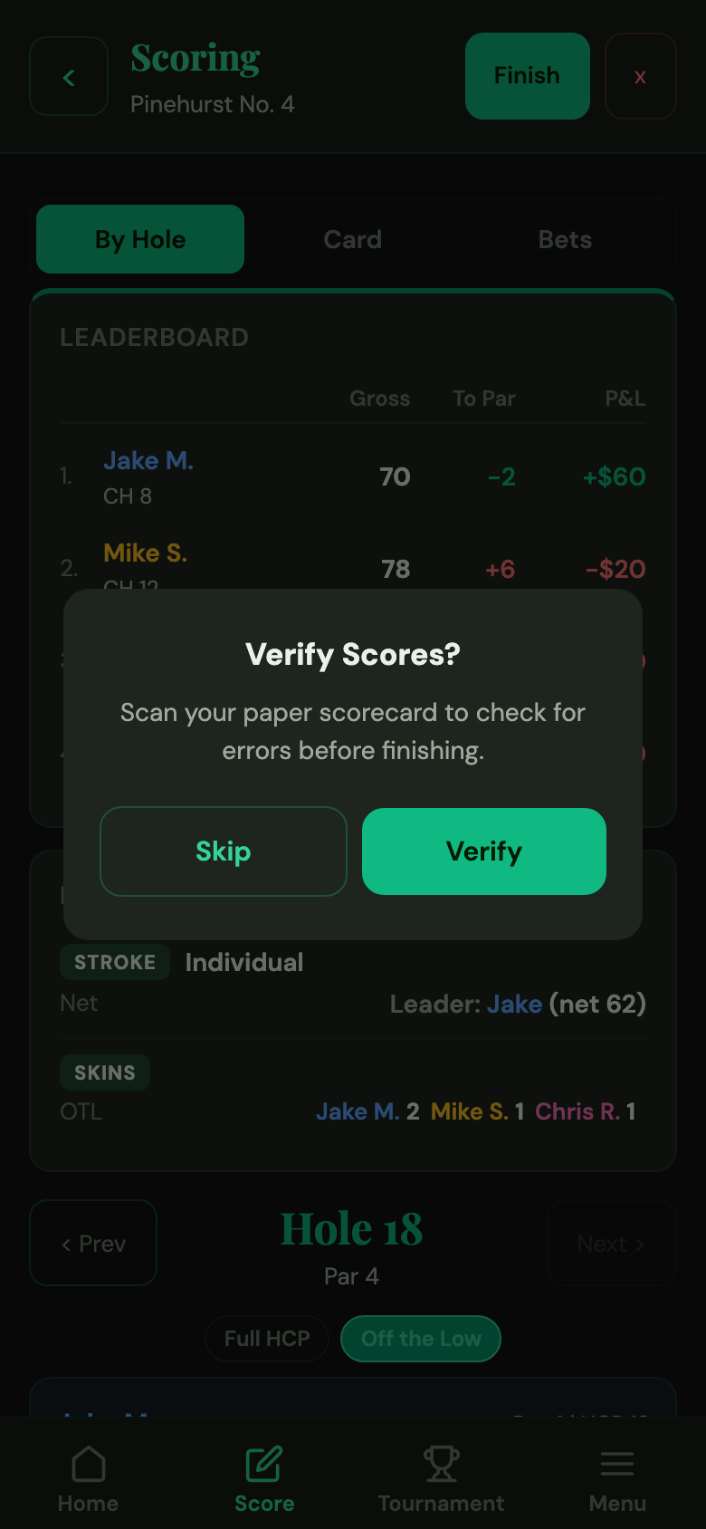 Finish round and verify scores modal