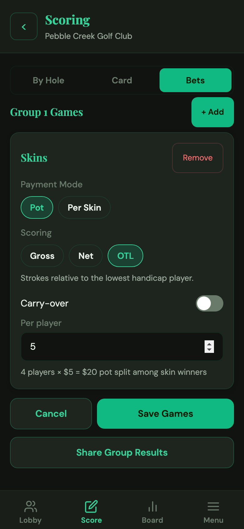 Skins game configuration