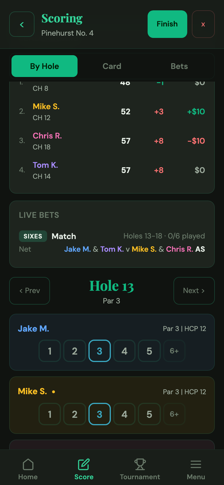 Live scoring Hole View with Sixes active