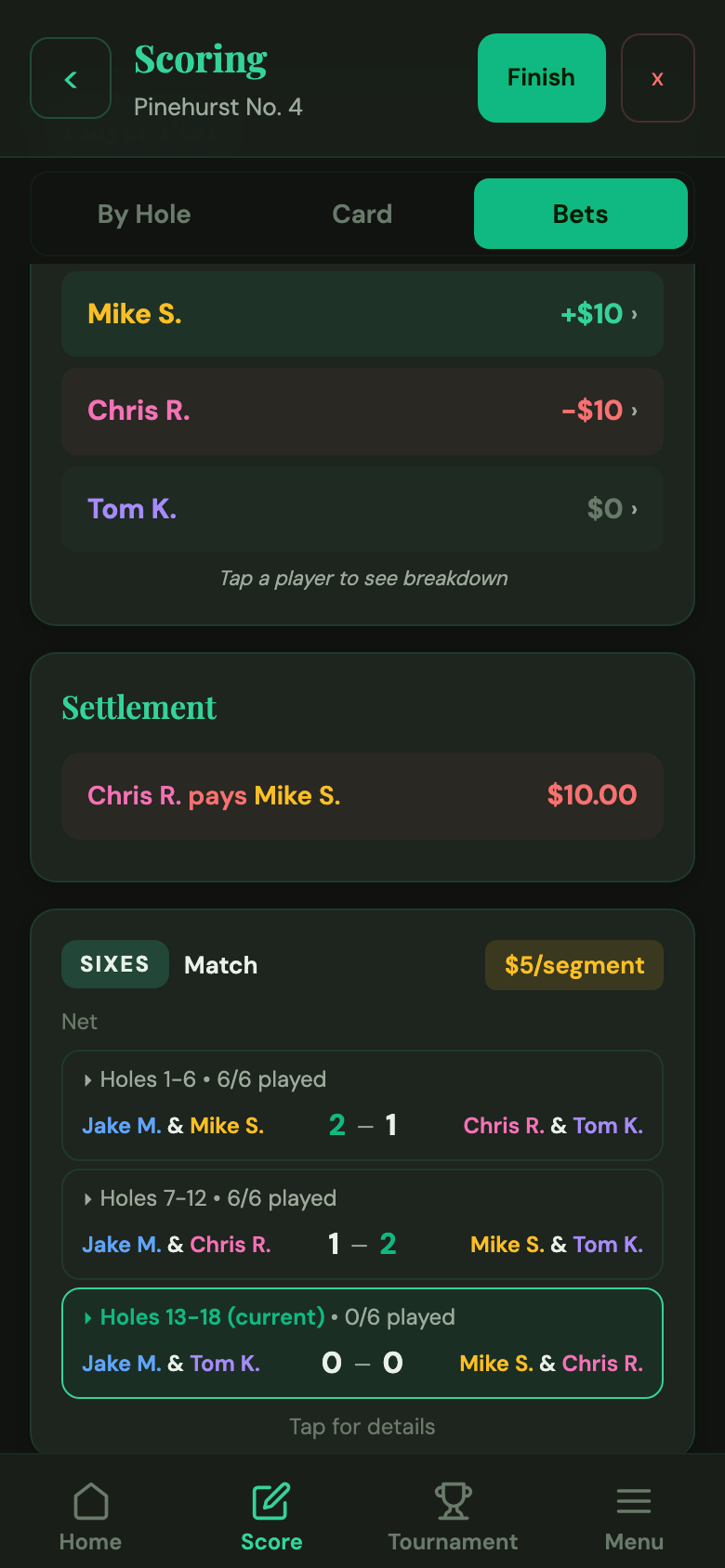 Bets View showing Sixes segment results