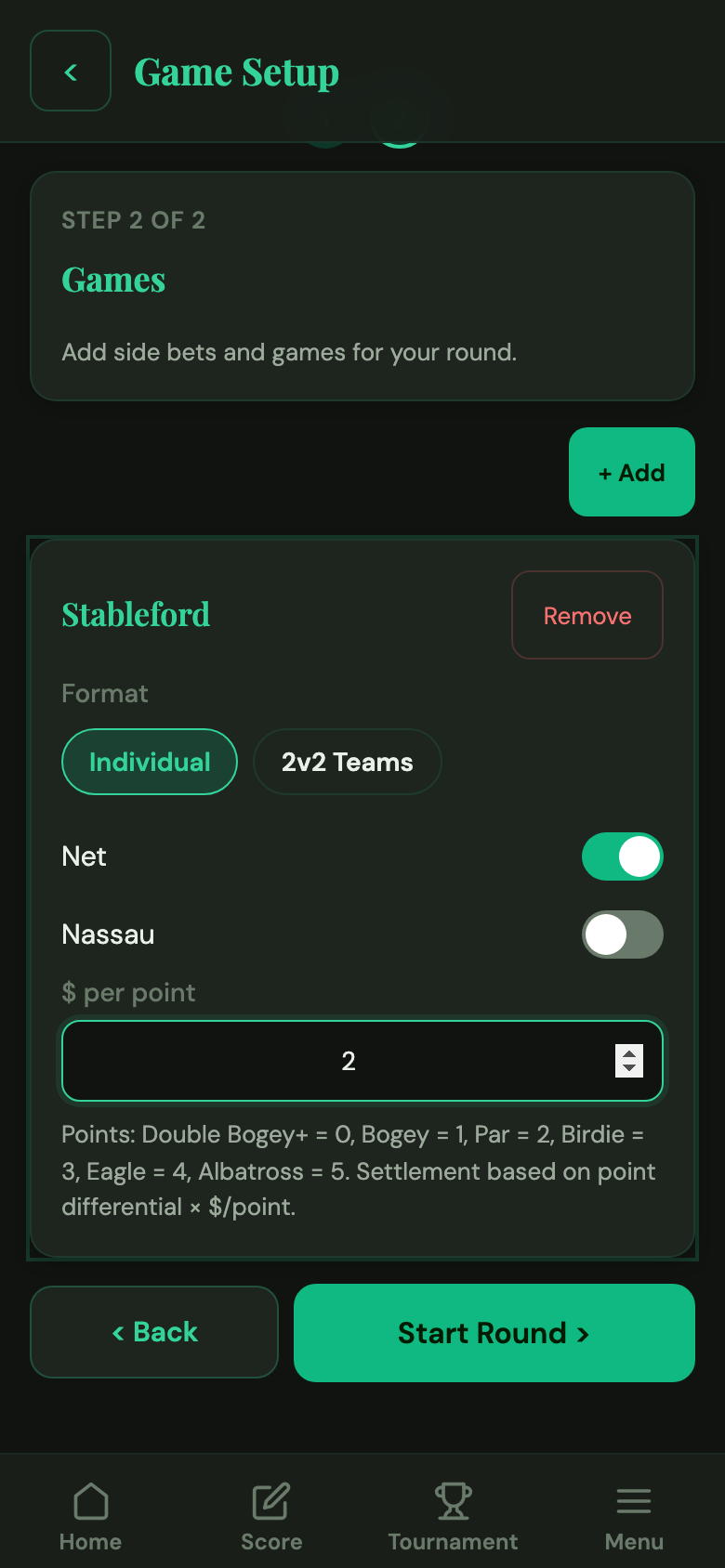 Stableford wager per point and net/gross configuration