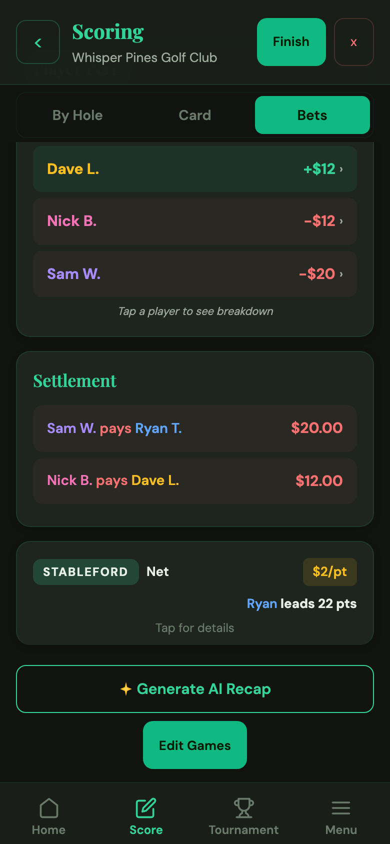 Bets View showing Stableford point totals and payouts