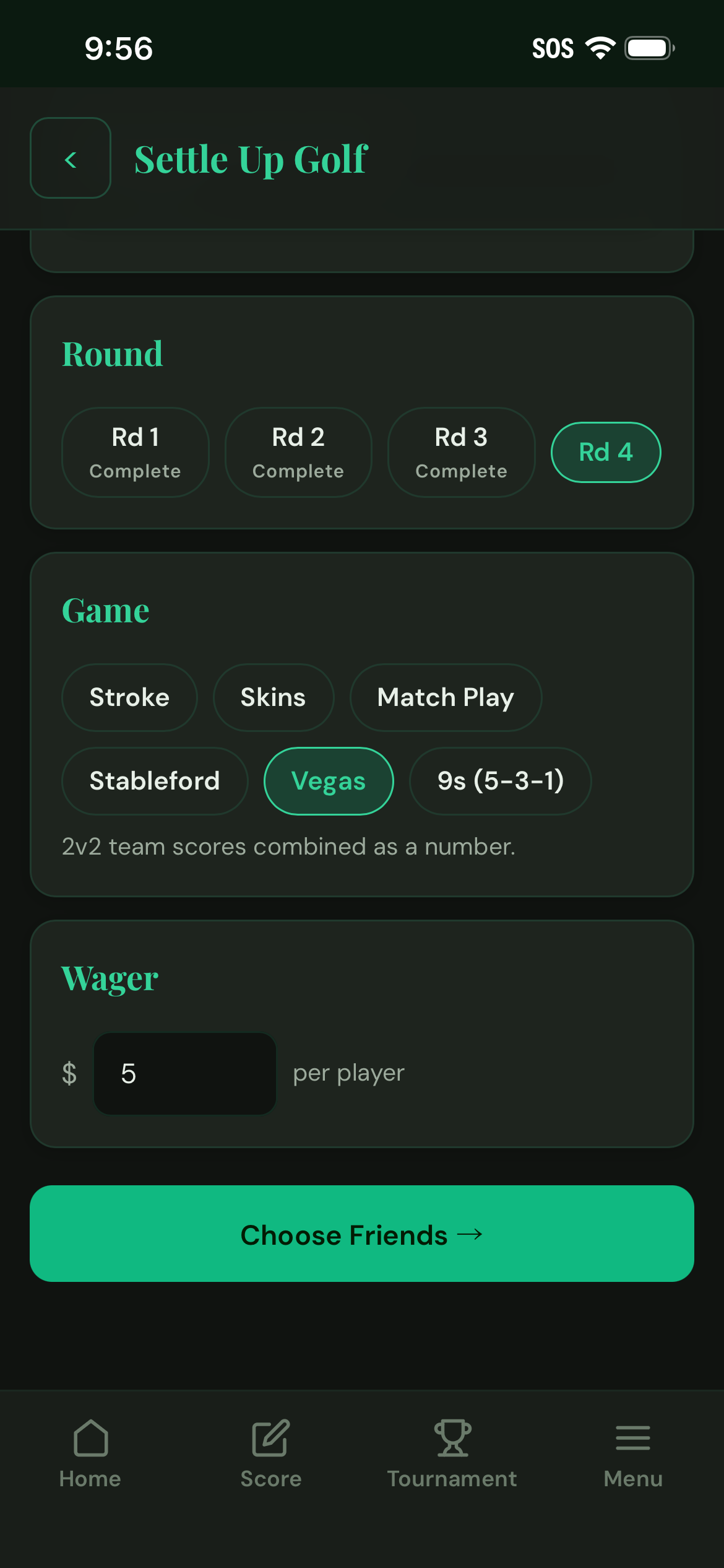 Tour Bets create screen for picking a PGA event and round