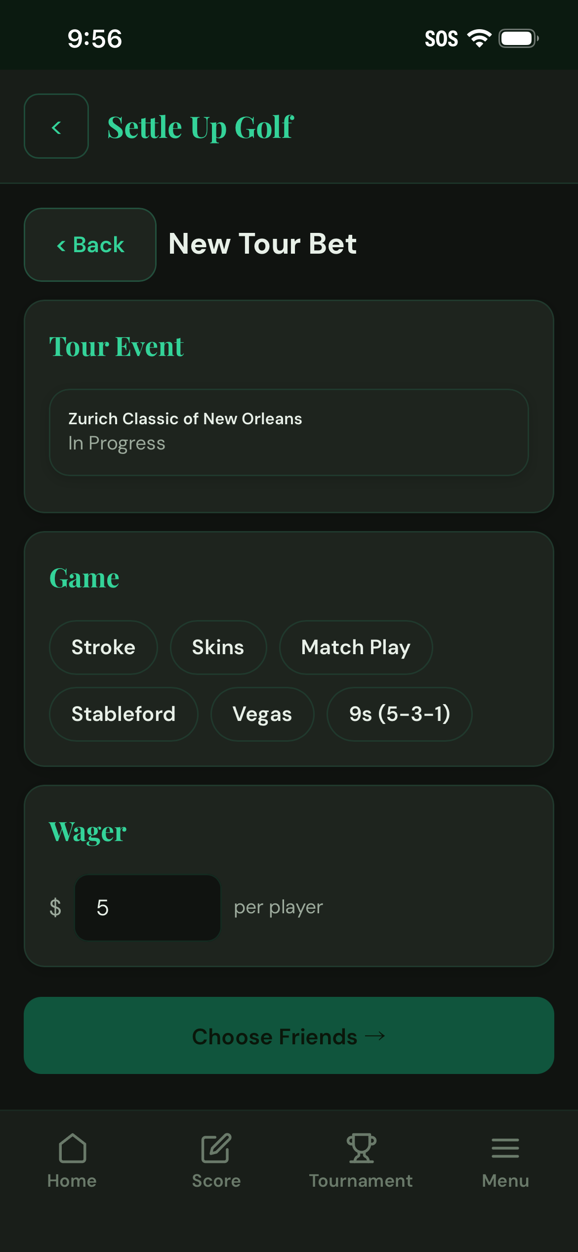 Tour Bets game type selection screen