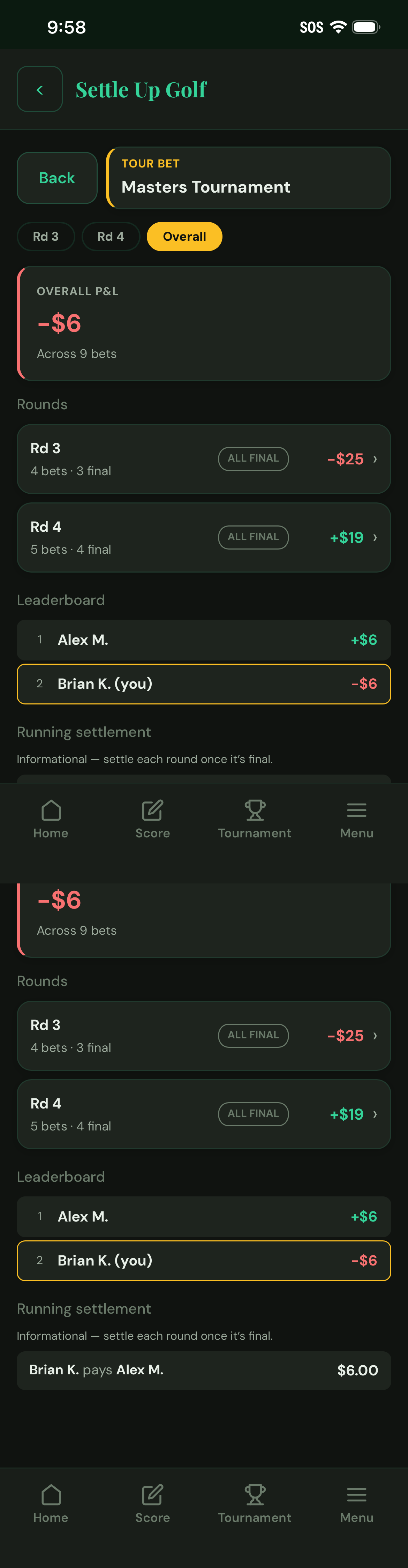Tour Bets overview screen with active PGA pool standings