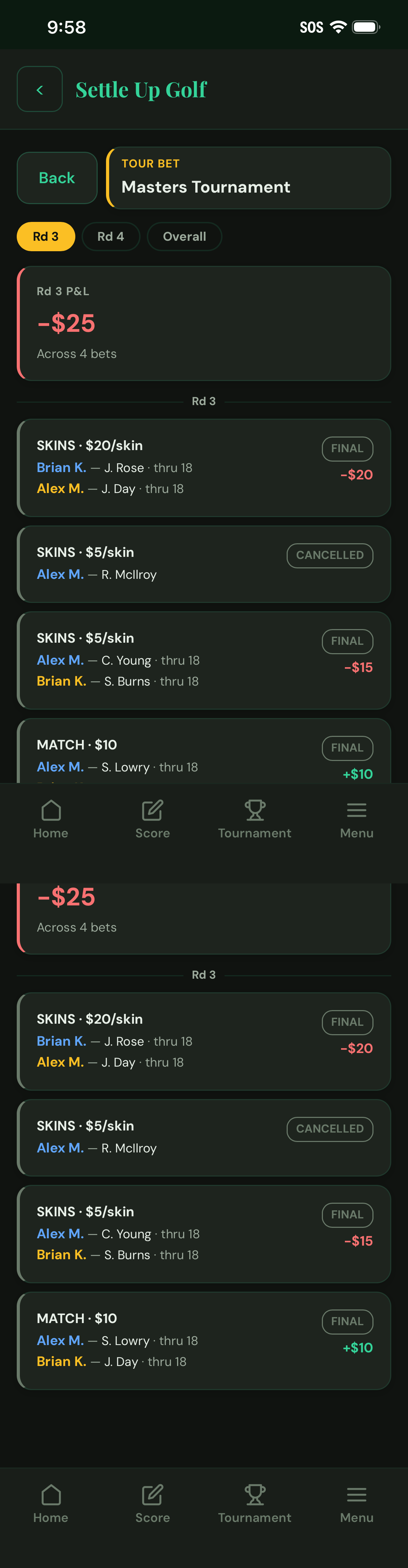 Tour Bets round screen showing a selected PGA round
