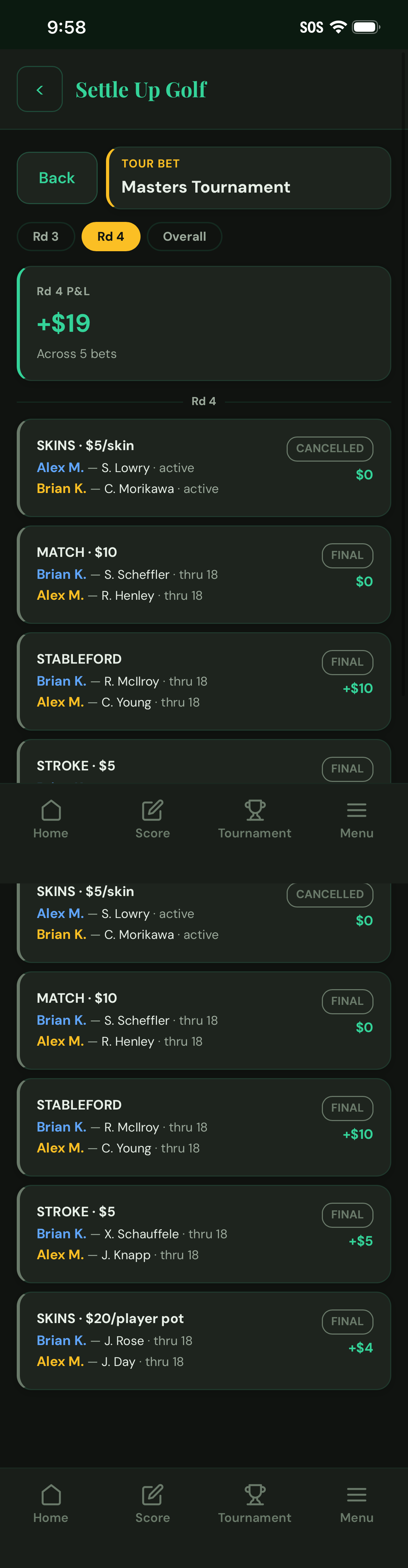 Tour Bets live leaderboard screen for a PGA round
