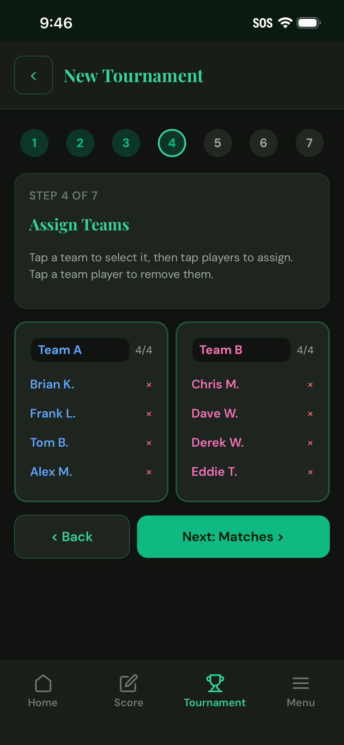 Team A and Team B fully assigned with player rosters