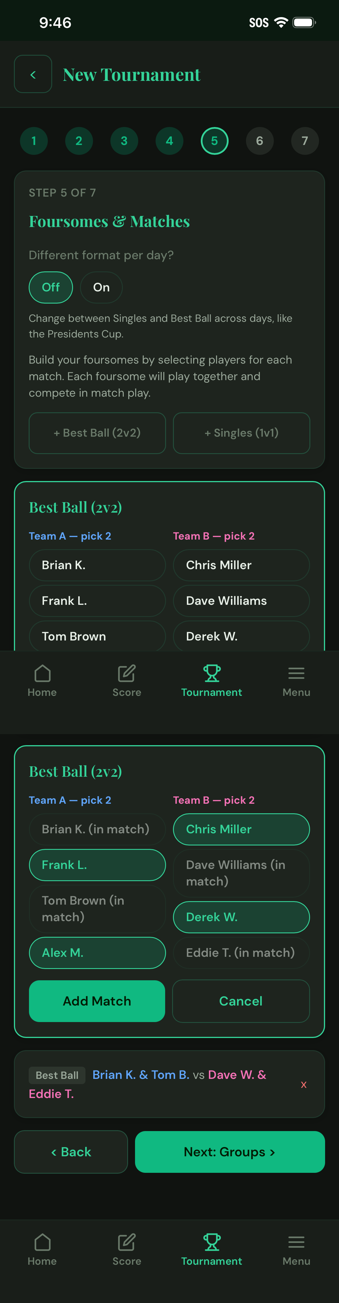 Foursomes and Matches setup with Best Ball pairings