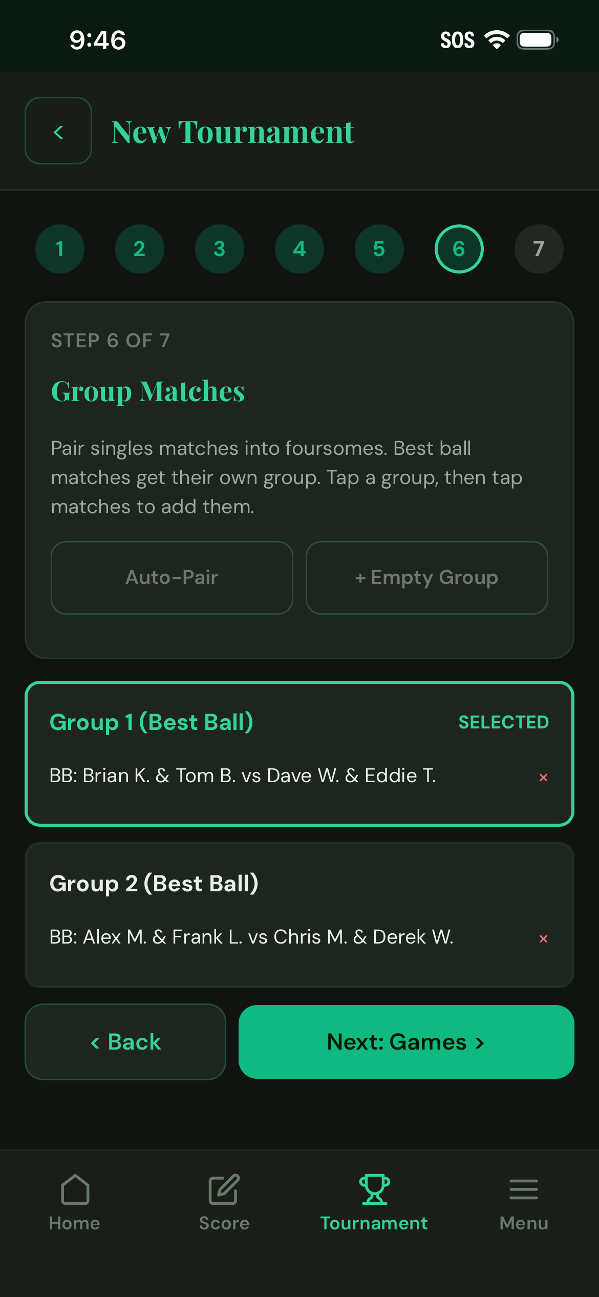 Groups built with Best Ball matches per group
