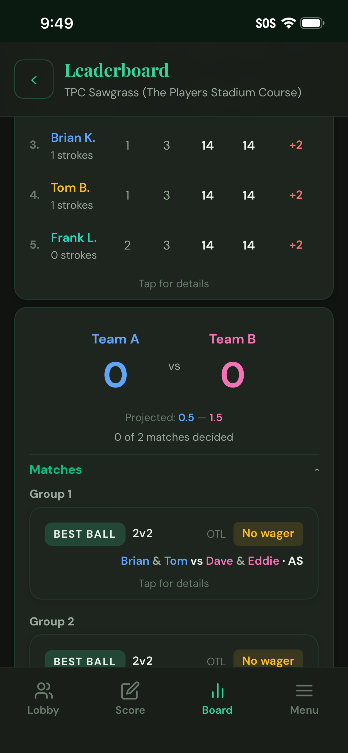Team A vs Team B scoreboard with match details and points