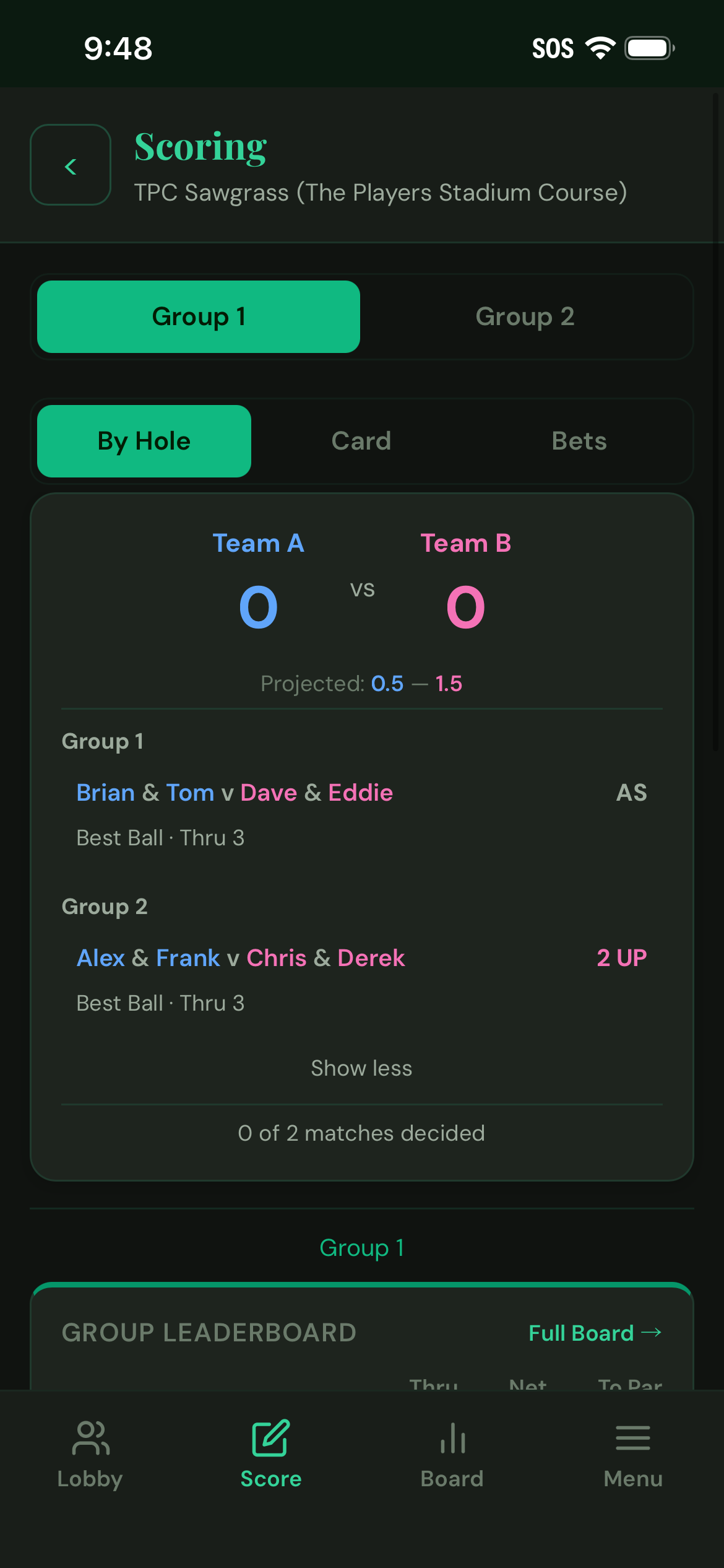 Live match status during play — Best Ball thru 3, AS and 2 UP