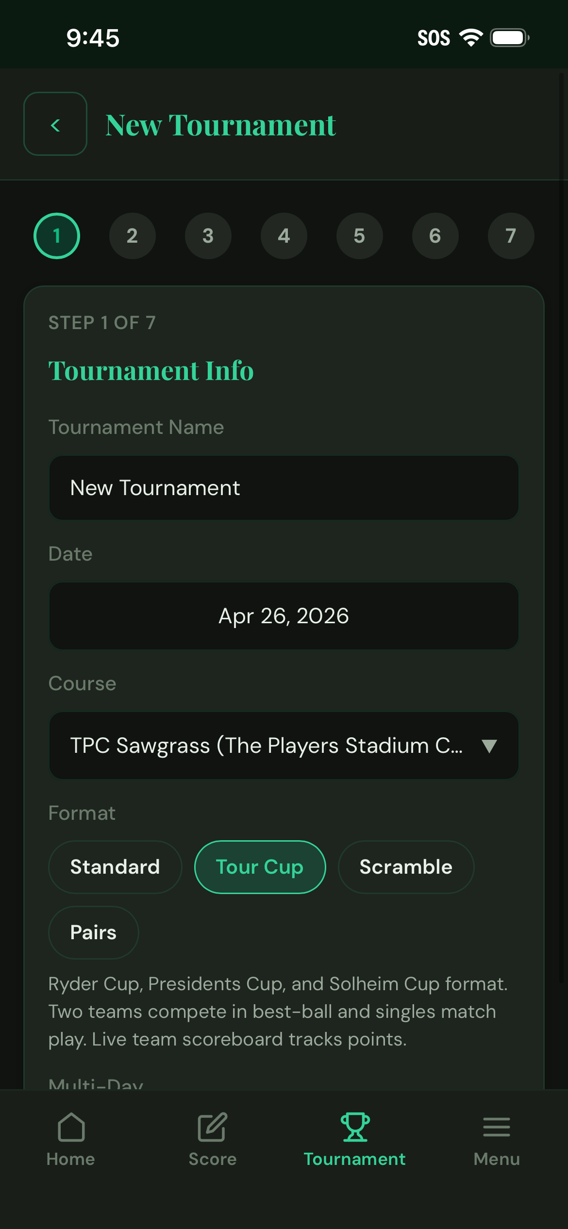 Tournament setup with Tour Cup format selected